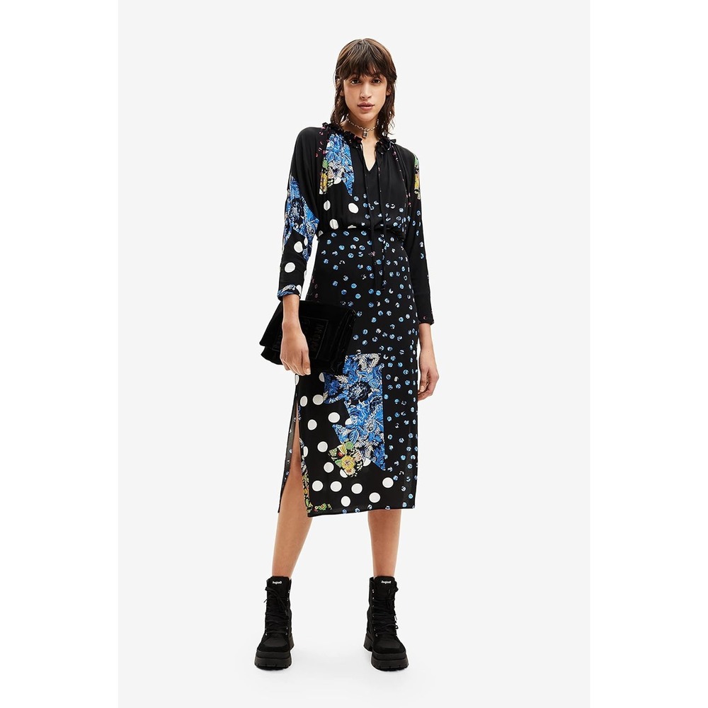 Desigual Black Floral & Polka Dot Midi Dress